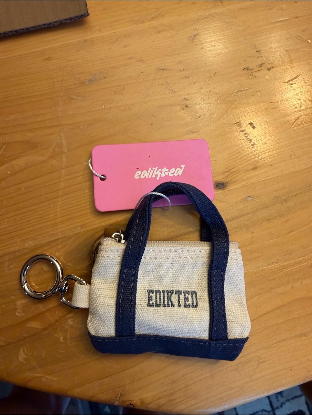 Edikted Cream and Navy Mini Canvas Tote Keychain